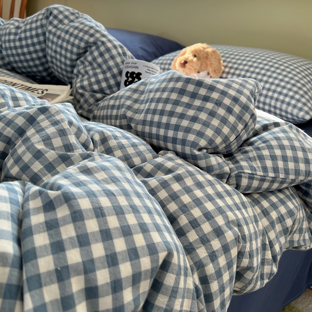 91家纺网 家纺一手货源 找家纺 悦织湾家纺 2026新款软糯加厚水洗棉条格无印宜家风混搭三件套四件套学生宿舍床上用品 混搭蓝小格