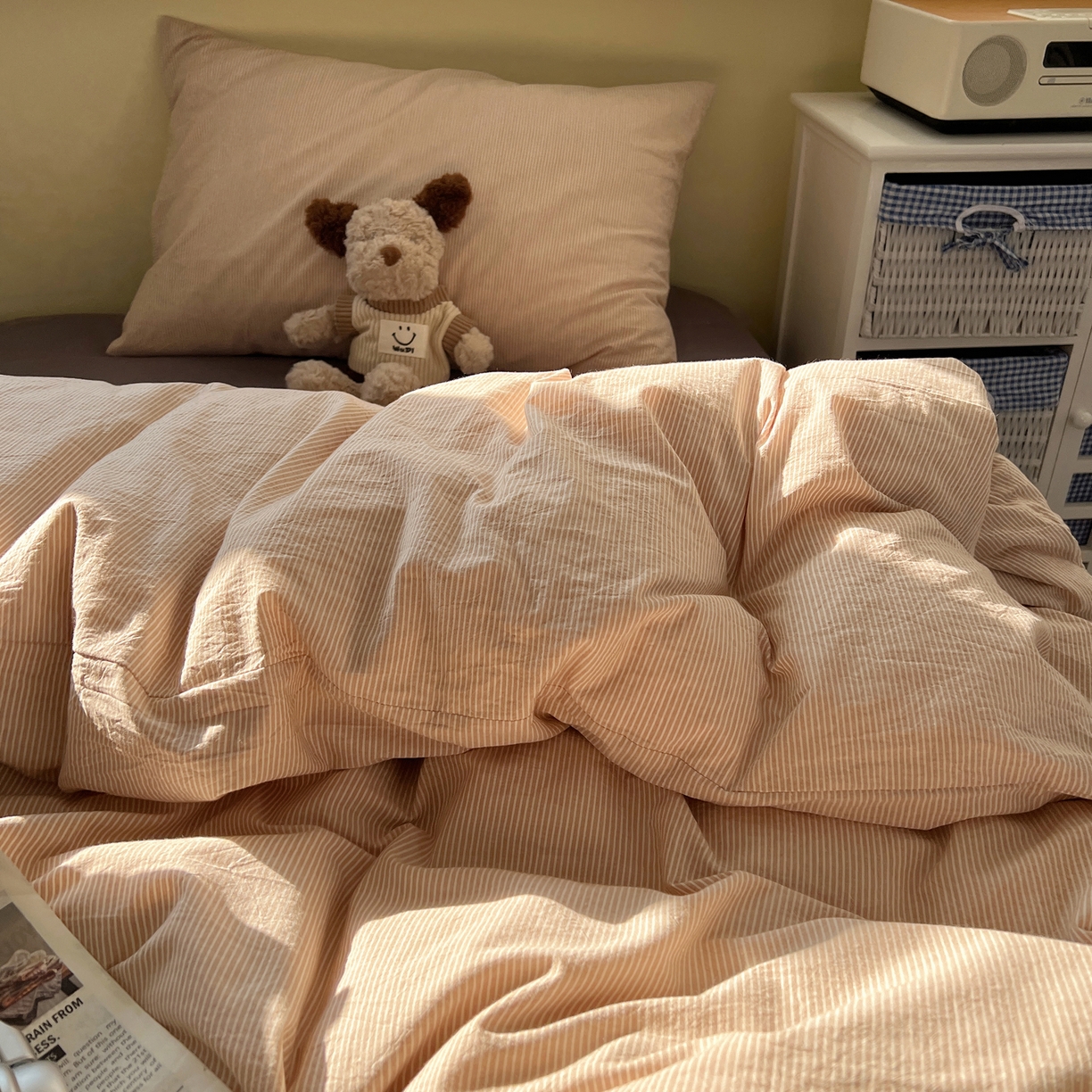 91家纺网 家纺一手货源 找家纺 悦织湾家纺 2026新款软糯加厚水洗棉条格无印宜家风混搭三件套四件套学生宿舍床上用品 混搭沙茶棕细条