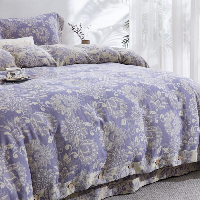 91家纺网 家纺一手货源 找家纺 （总）仰望棉麻双层纱供应链 2026春夏新款紫色全棉纯棉色织提花双层纱纽扣款四件套