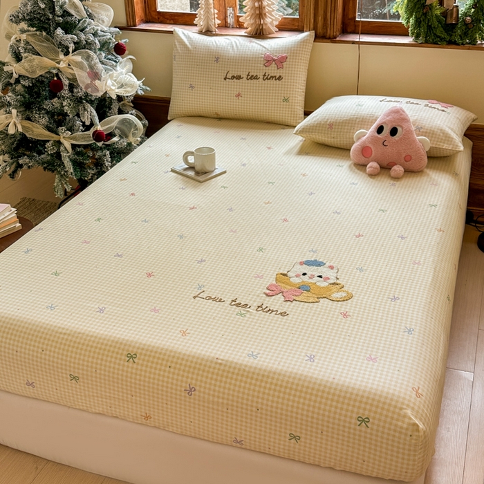  布柔 2026新款13070纯棉全棉床笠印花绣花卡通床笠床垫保护套罩 曲奇黄