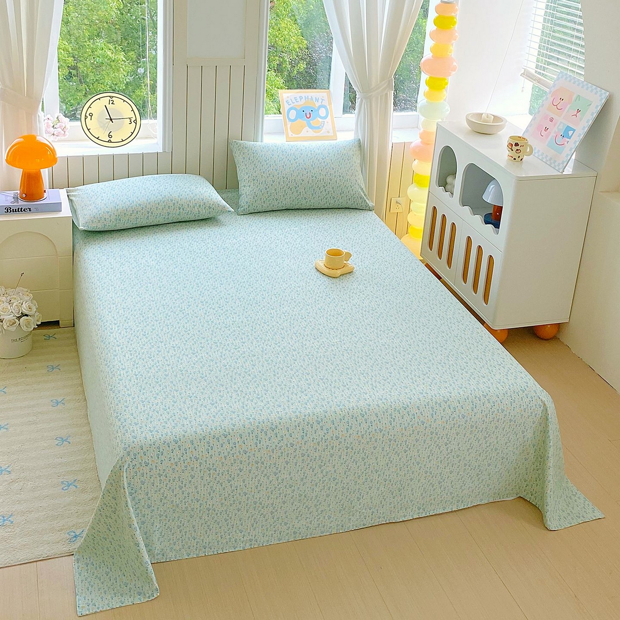 91家纺网 家纺一手货源 找家纺 悦织湾家纺 2026新款斜纹加厚水洗棉超细斜（加厚）床单单床单床单单件 床单-雏菊浅绿