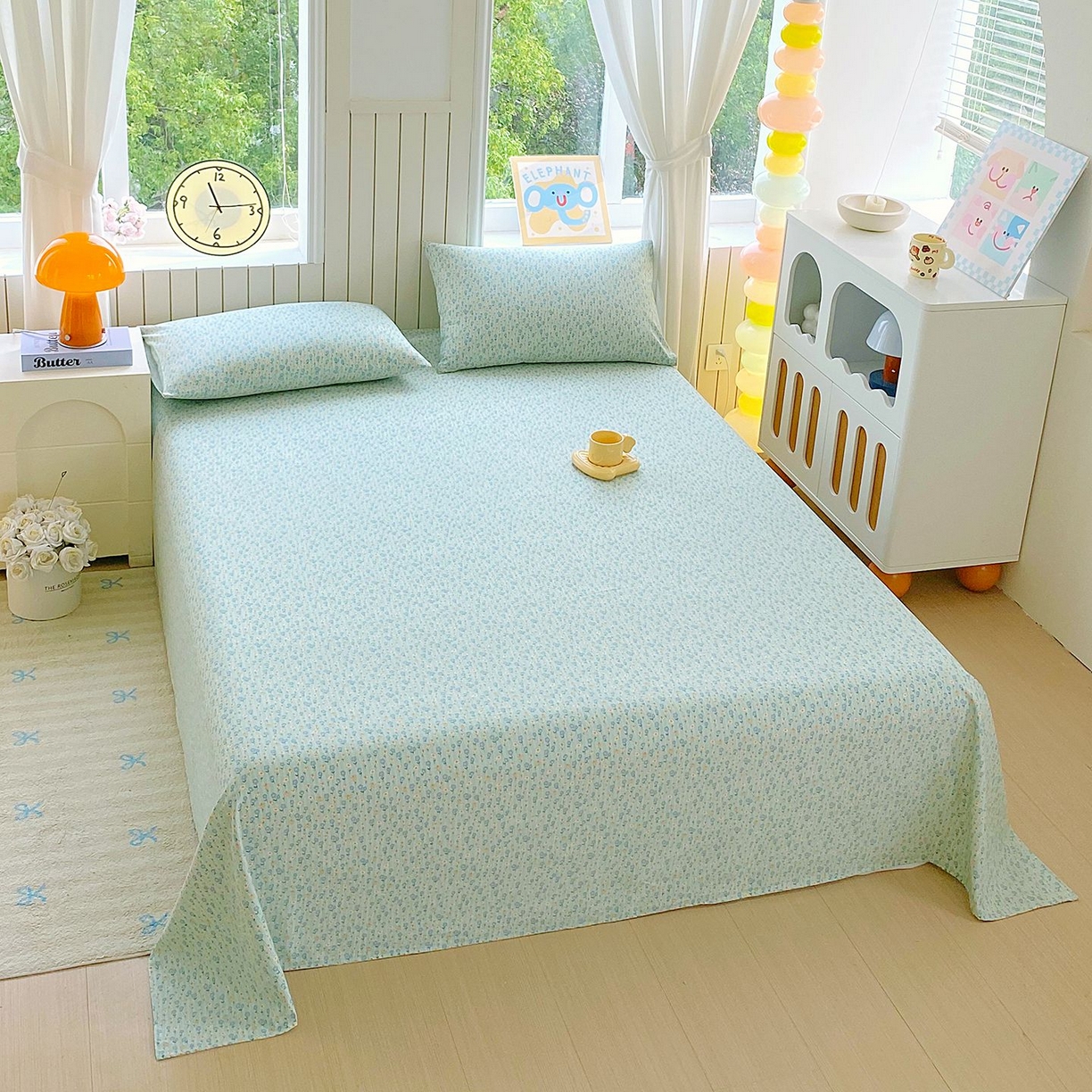 91家纺网 家纺一手货源 找家纺 悦织湾家纺 2026新款斜纹加厚水洗棉超细斜（加厚）床单单床单床单单件 床单-雏菊浅绿