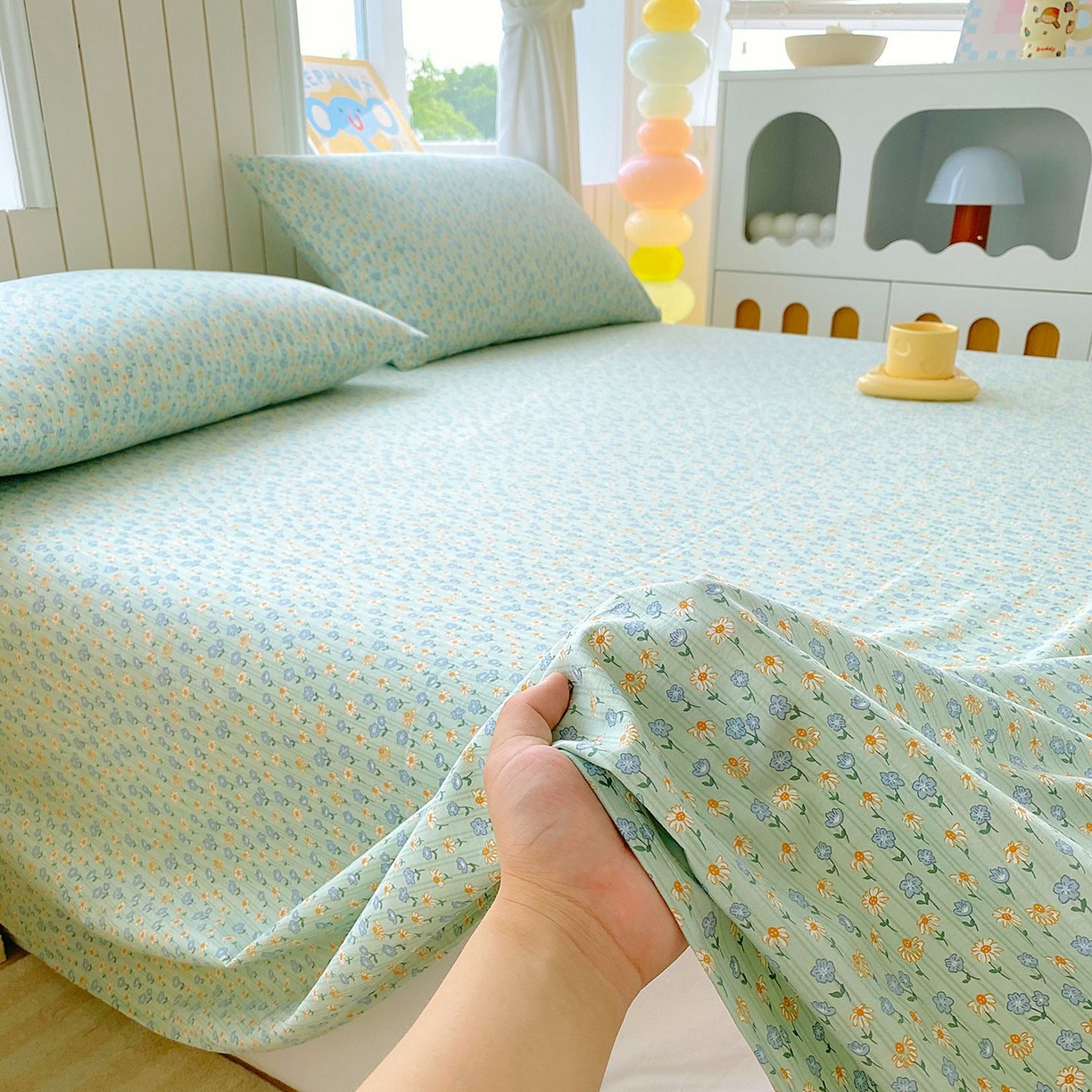 91家纺网 家纺一手货源 找家纺 悦织湾家纺 2026新款斜纹加厚水洗棉超细斜（加厚）床单单床单床单单件 床单-雏菊浅绿