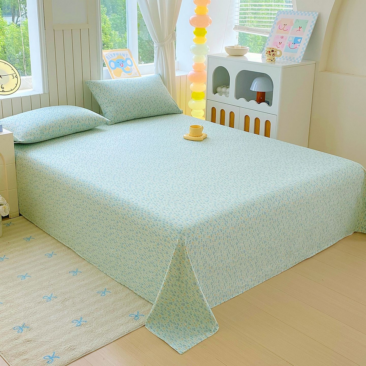 91家纺网 家纺一手货源 找家纺 悦织湾家纺 2026新款斜纹加厚水洗棉超细斜（加厚）床单单床单床单单件 床单-雏菊浅绿