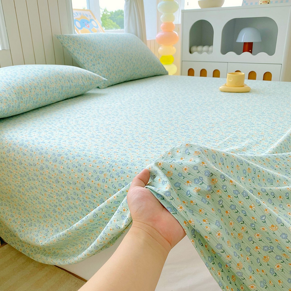 91家纺网 家纺一手货源 找家纺 悦织湾家纺 2026新款斜纹加厚水洗棉超细斜（加厚）床单单床单床单单件 床单-雏菊浅绿