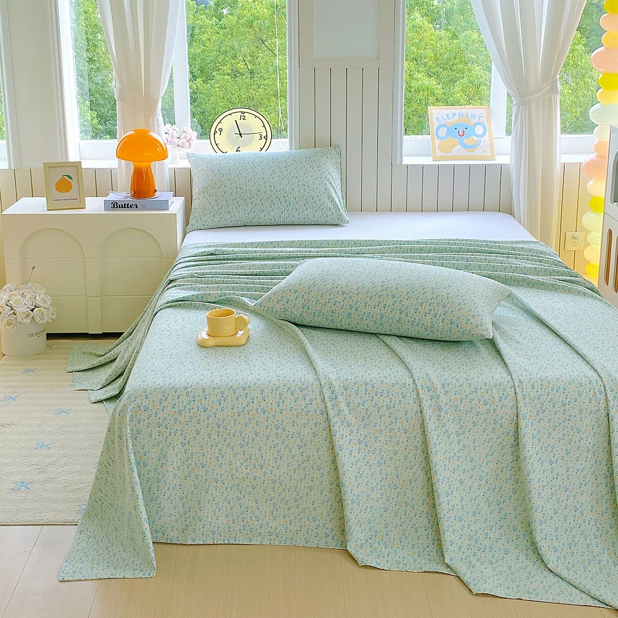 91家纺网 家纺一手货源 找家纺 悦织湾家纺 2026新款斜纹加厚水洗棉超细斜（加厚）床单单床单床单单件 床单-雏菊浅绿