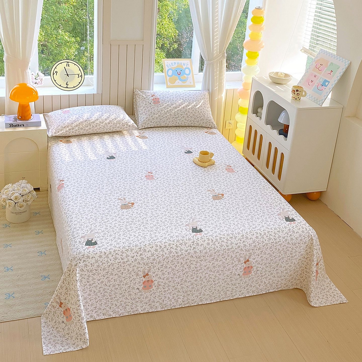 91家纺网 家纺一手货源 找家纺 悦织湾家纺 2026新款斜纹加厚水洗棉超细斜（加厚）床单单床单床单单件 床单-花园小兔