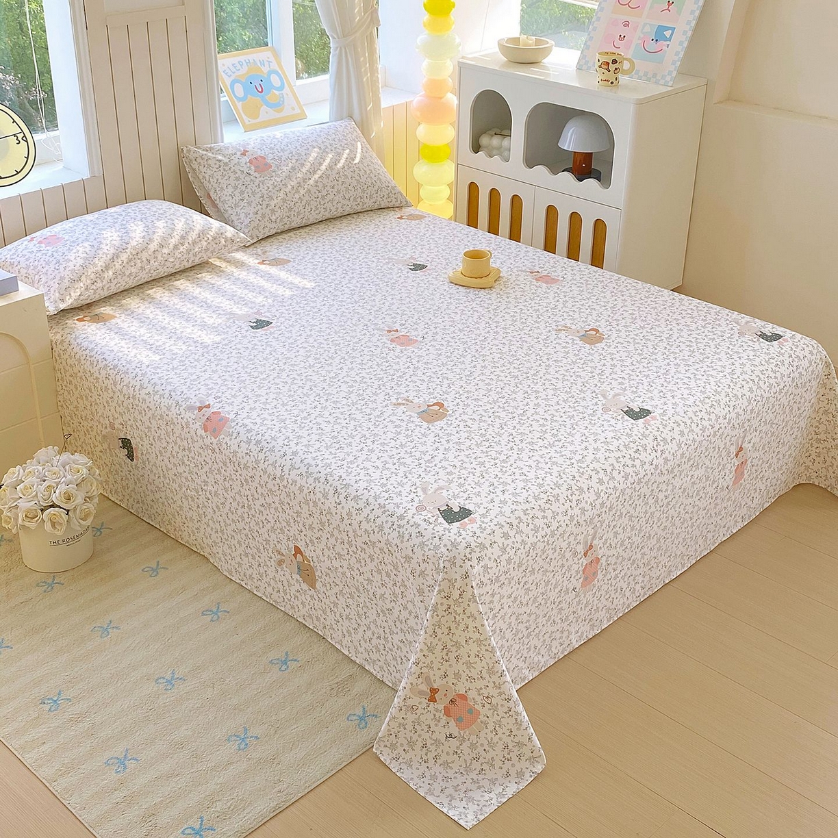 91家纺网 家纺一手货源 找家纺 悦织湾家纺 2026新款斜纹加厚水洗棉超细斜（加厚）床单单床单床单单件 床单-花园小兔