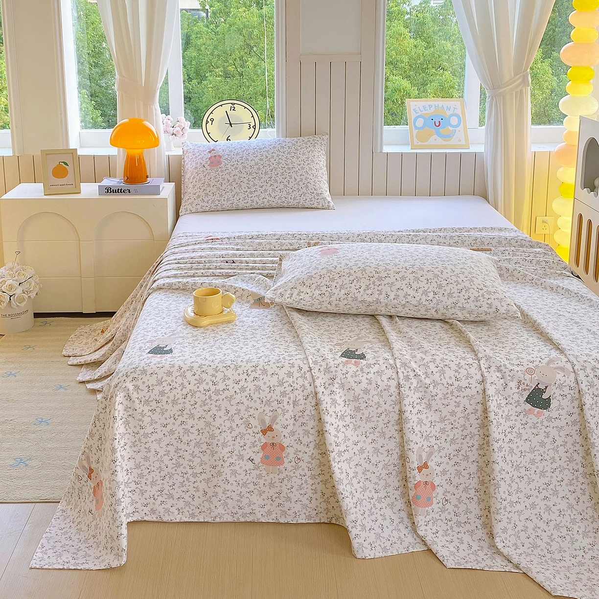 91家纺网 家纺一手货源 找家纺 悦织湾家纺 2026新款斜纹加厚水洗棉超细斜（加厚）床单单床单床单单件 床单-花园小兔