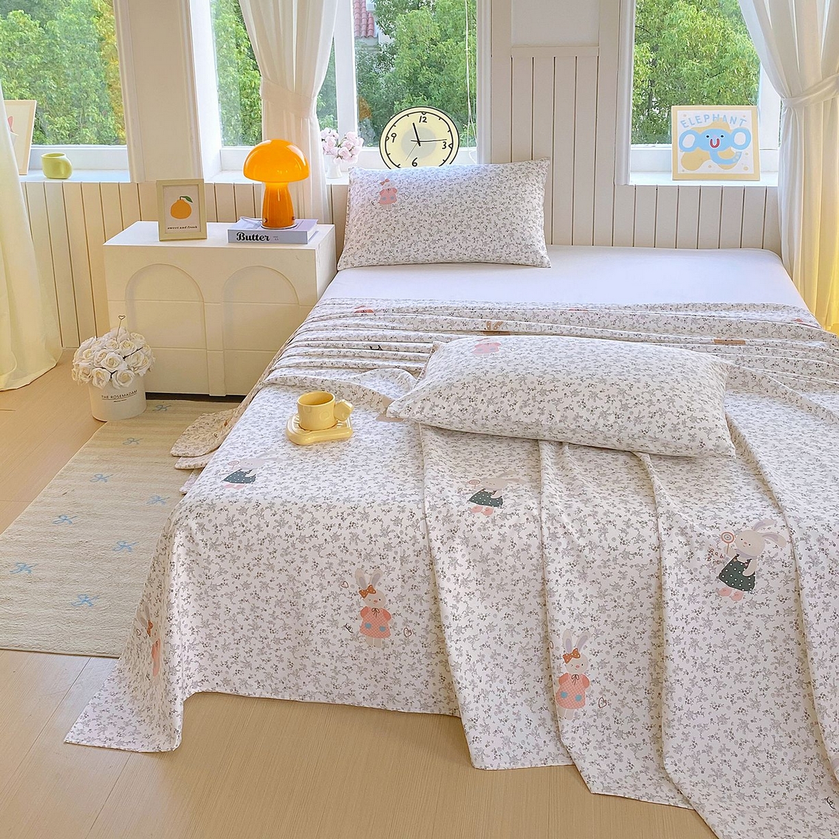 91家纺网 家纺一手货源 找家纺 悦织湾家纺 2026新款斜纹加厚水洗棉超细斜（加厚）床单单床单床单单件 床单-花园小兔