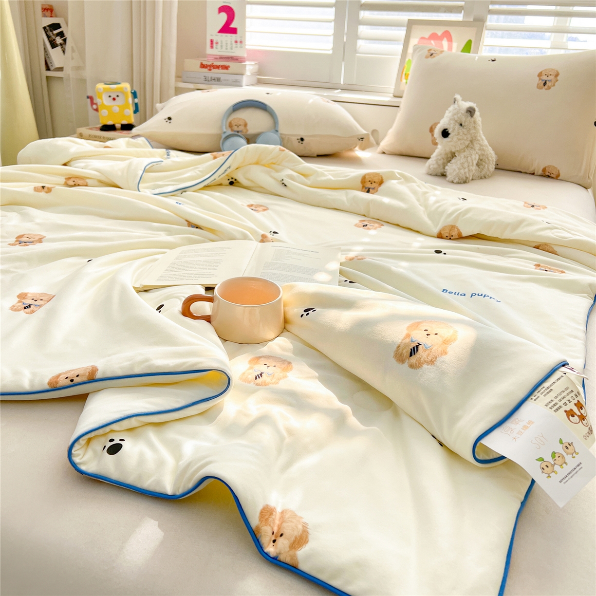 91家纺网 家纺一手货源 找家纺 优被业 2026新款A类牛奶丝针织棉软糯凉感大豆夏被空调被夏凉被(20%大豆国标包检测） 领带小狗