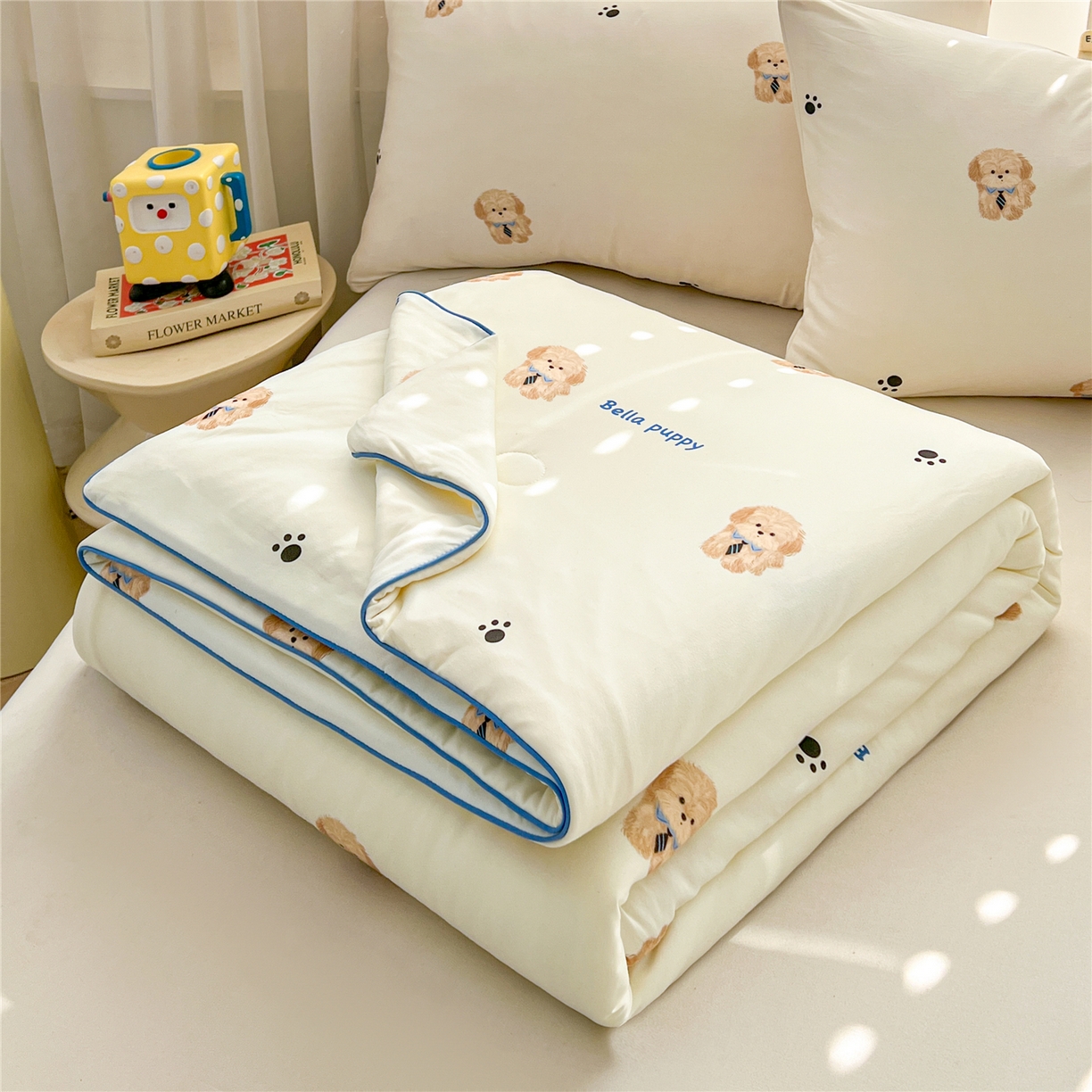 91家纺网 家纺一手货源 找家纺 优被业 2026新款A类牛奶丝针织棉软糯凉感大豆夏被空调被夏凉被(20%大豆国标包检测） 领带小狗