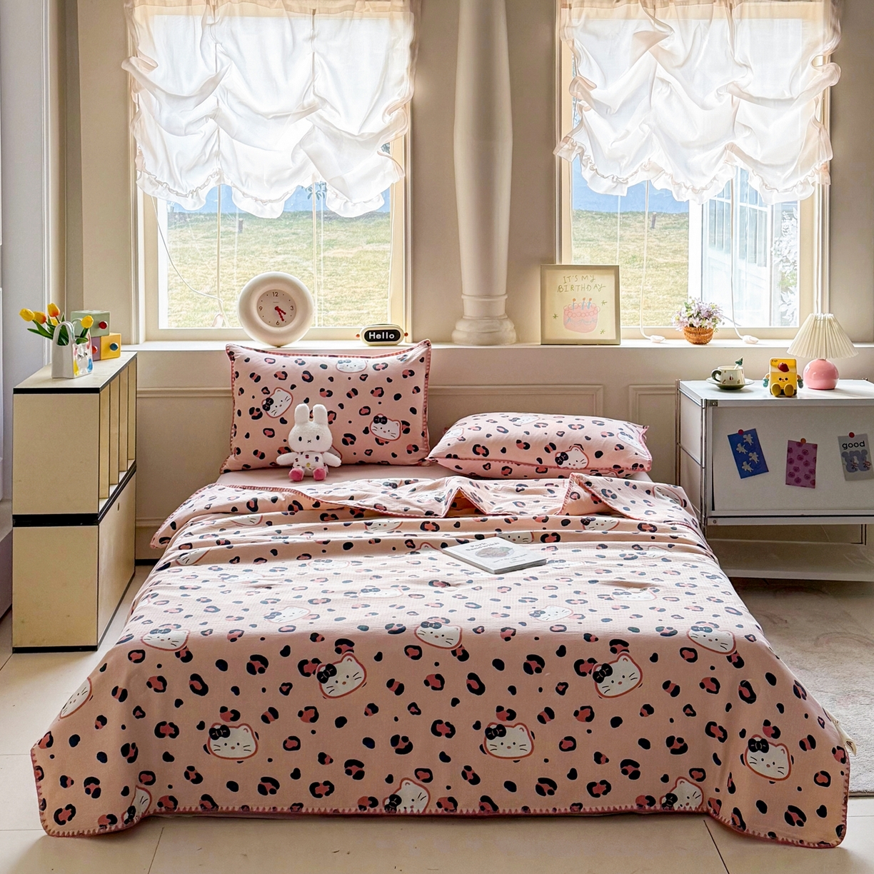 91家纺网 家纺一手货源 找家纺 2026新款春夏云感双层纱母婴级三角针夏被贝壳边夏凉被贝壳绣 粉色小猫