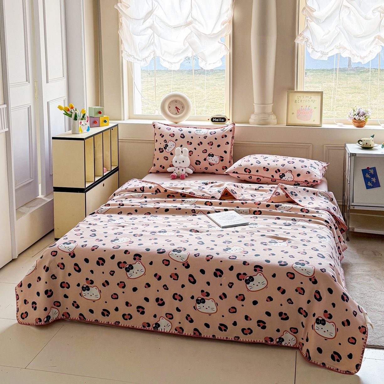 91家纺网 家纺一手货源 找家纺 2026新款春夏云感双层纱母婴级三角针夏被贝壳边夏凉被贝壳绣 粉色小猫