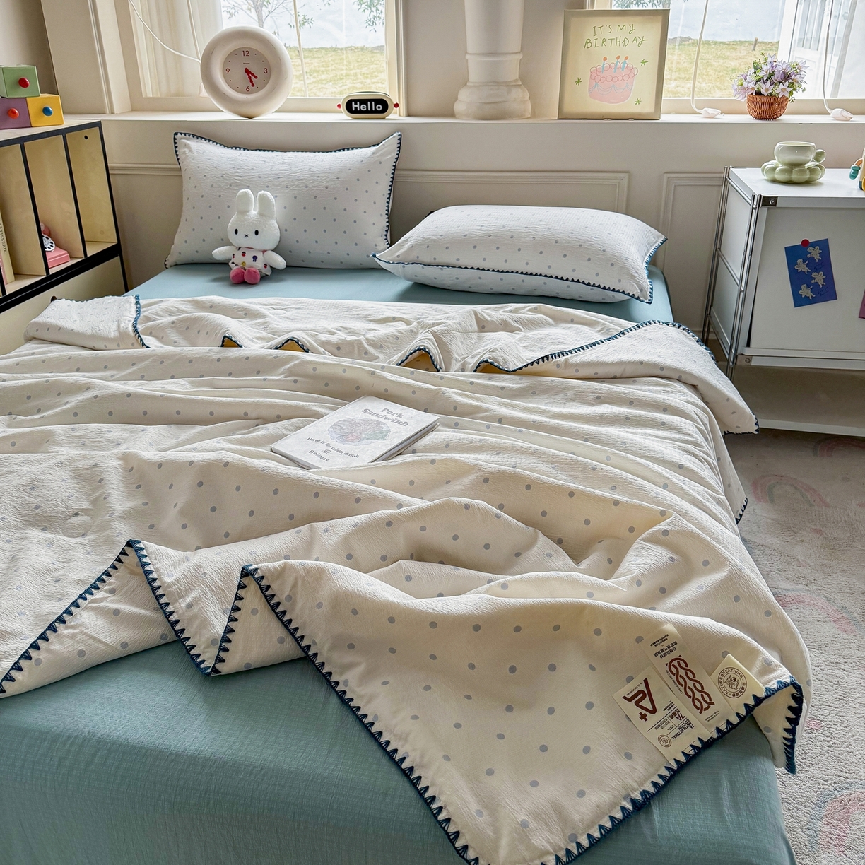 91家纺网 家纺一手货源 找家纺 2026新款春夏云感双层纱母婴级三角针夏被贝壳边夏凉被贝壳绣 海盐汤圆