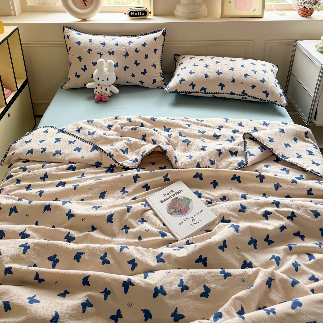 91家纺网 家纺一手货源 找家纺 2026新款春夏云感双层纱母婴级三角针夏被贝壳边夏凉被贝壳绣 蝴蝶剪影