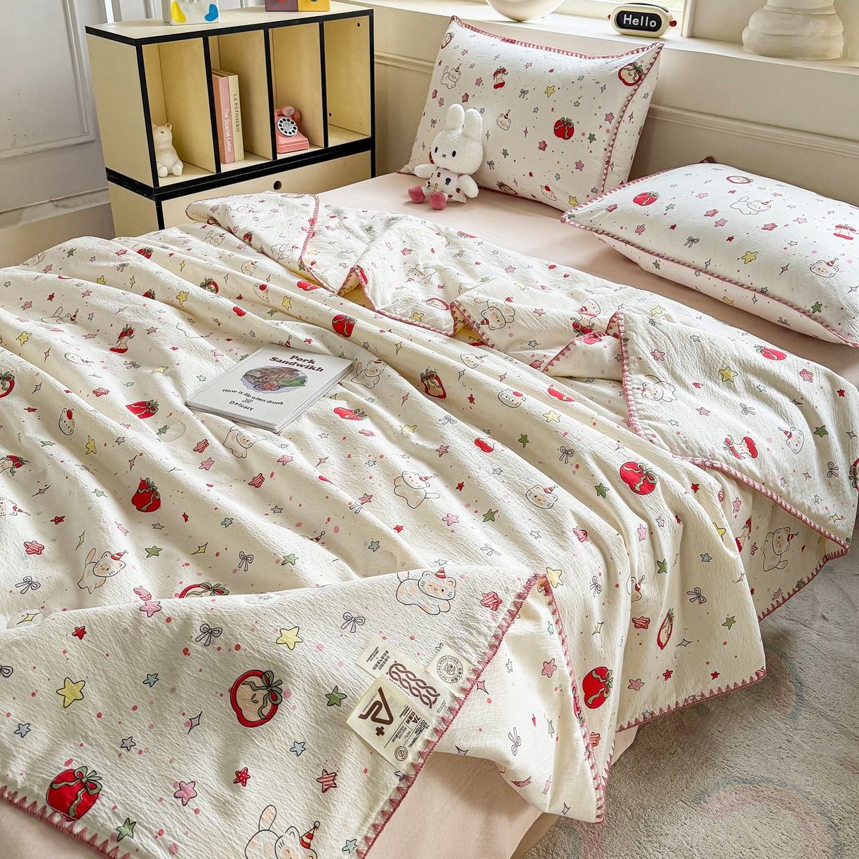 91家纺网 家纺一手货源 找家纺 2026新款春夏云感双层纱母婴级三角针夏被贝壳边夏凉被贝壳绣 苹果小怪