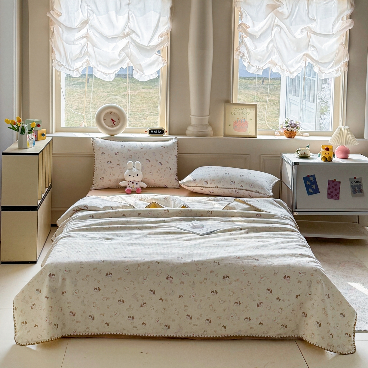 91家纺网 家纺一手货源 找家纺 2026新款春夏云感双层纱母婴级三角针夏被贝壳边夏凉被贝壳绣 晴天小猫