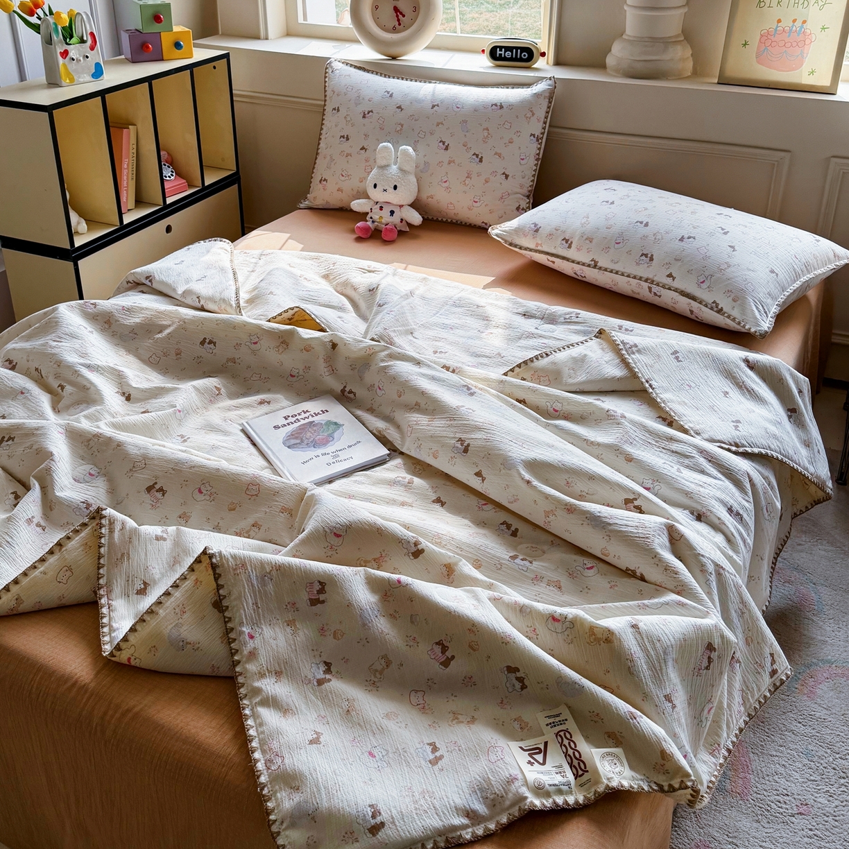 91家纺网 家纺一手货源 找家纺 2026新款春夏云感双层纱母婴级三角针夏被贝壳边夏凉被贝壳绣 晴天小猫