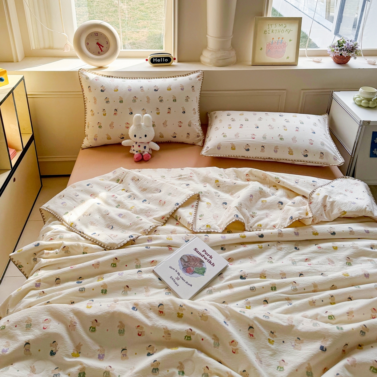 91家纺网 家纺一手货源 找家纺 2026新款春夏云感双层纱母婴级三角针夏被贝壳边夏凉被贝壳绣 兔子集合