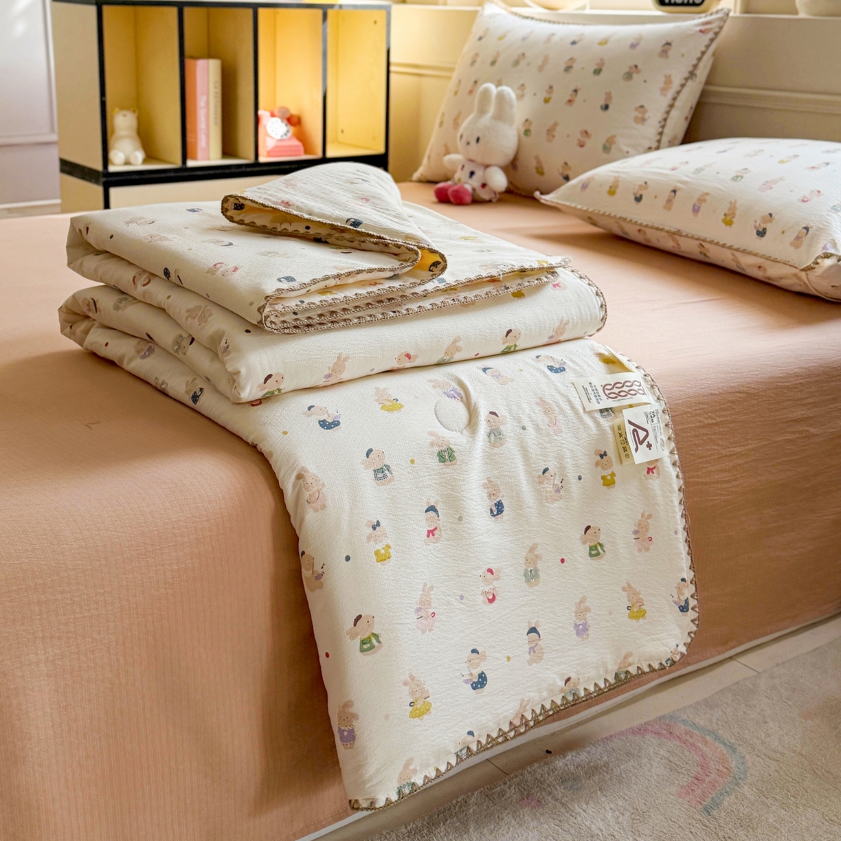 2026新款春夏云感双层纱母婴级三角针夏被贝壳边夏凉被贝壳绣 兔子集合