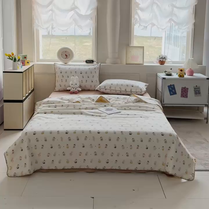 91家纺网 家纺一手货源 找家纺 2026新款春夏云感双层纱母婴级三角针夏被贝壳边夏凉被贝壳绣 兔子集合