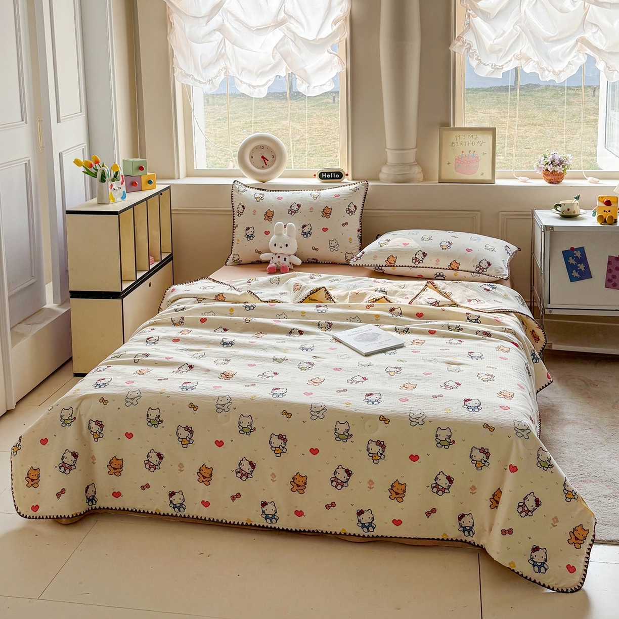 91家纺网 家纺一手货源 找家纺 2026新款春夏云感双层纱母婴级三角针夏被贝壳边夏凉被贝壳绣 像素小猫