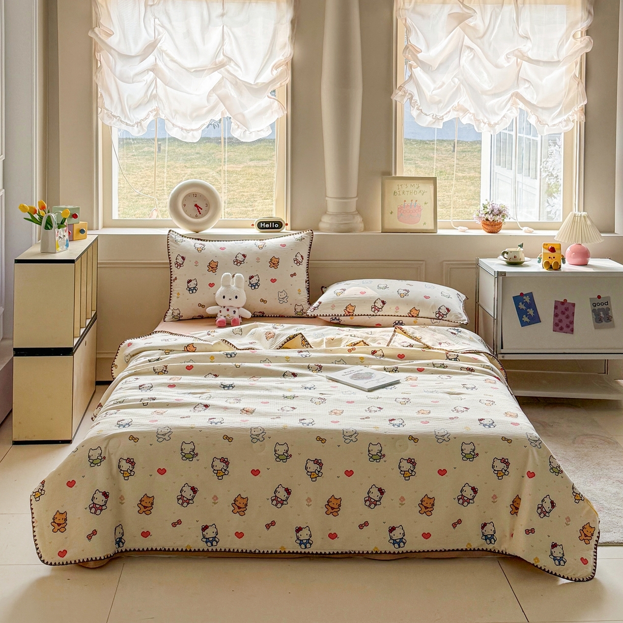 91家纺网 家纺一手货源 找家纺 2026新款春夏云感双层纱母婴级三角针夏被贝壳边夏凉被贝壳绣 像素小猫