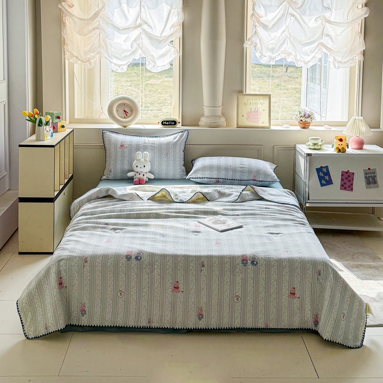 91家纺网 家纺一手货源 找家纺 2026新款春夏云感双层纱母婴级三角针夏被贝壳边夏凉被贝壳绣 小象宝宝