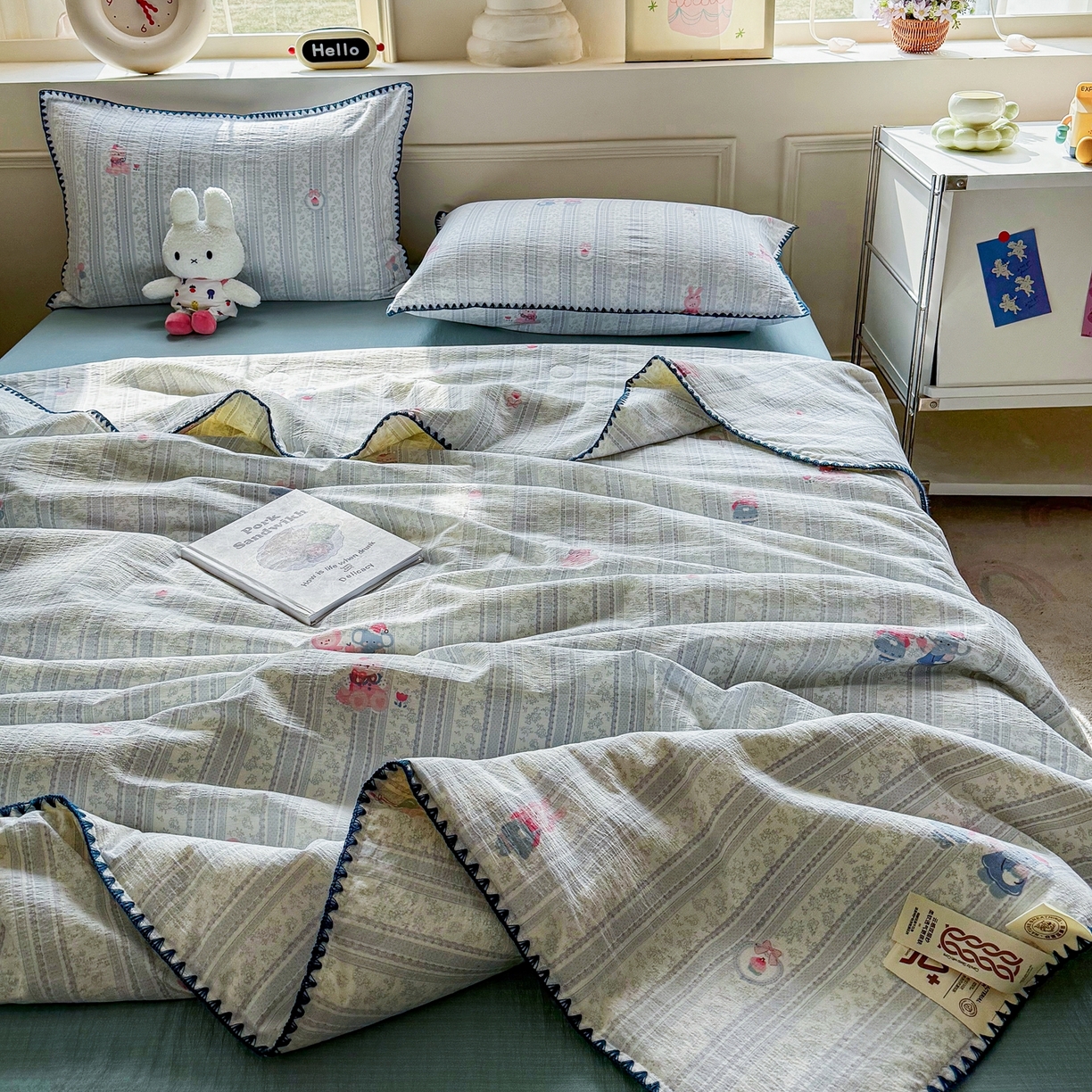 91家纺网 家纺一手货源 找家纺 2026新款春夏云感双层纱母婴级三角针夏被贝壳边夏凉被贝壳绣 小象宝宝