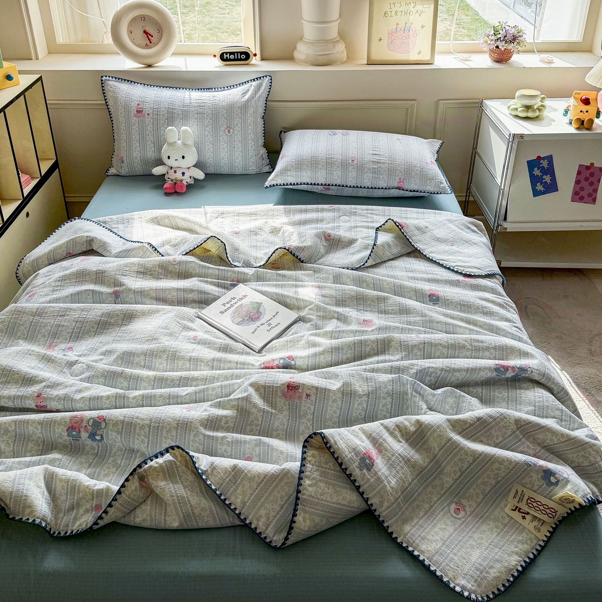 91家纺网 家纺一手货源 找家纺 2026新款春夏云感双层纱母婴级三角针夏被贝壳边夏凉被贝壳绣 小象宝宝