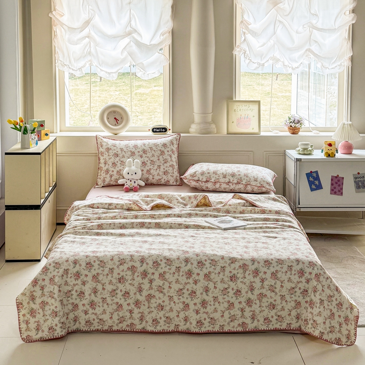 91家纺网 家纺一手货源 找家纺 2026新款春夏云感双层纱母婴级三角针夏被贝壳边夏凉被贝壳绣 星眠云野