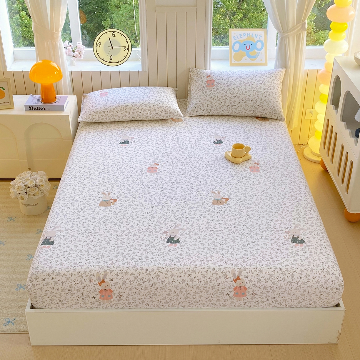 91家纺网 家纺一手货源 找家纺 悦织湾家纺 2026新款斜纹加厚水洗棉超细斜（加厚）床笠单床笠床笠单件-席梦思保护套 床笠-花园小兔