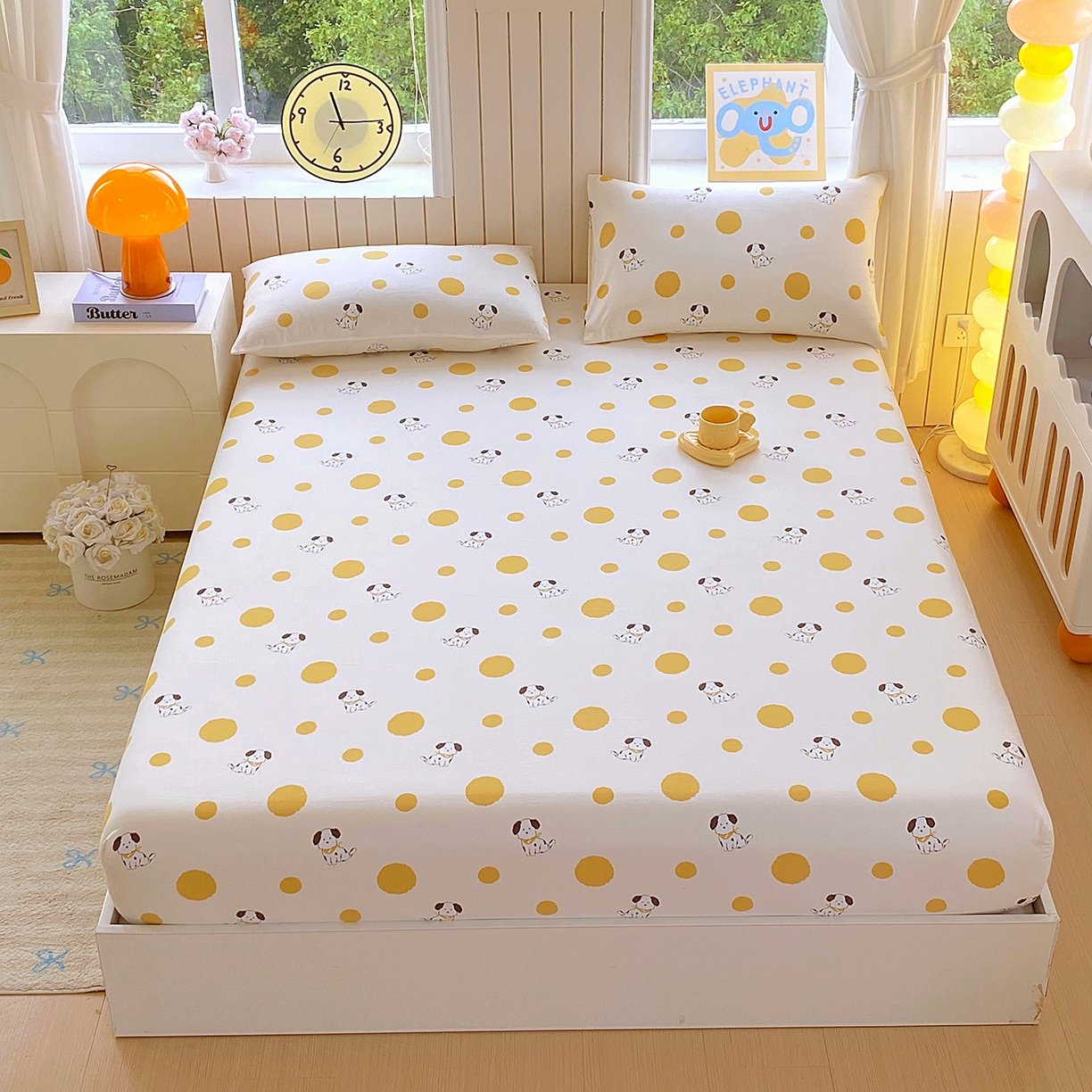 悦织湾家纺 2026新款斜纹加厚水洗棉超细斜（加厚）床笠单床笠床笠单件-席梦思保护套 床笠-波点小狗