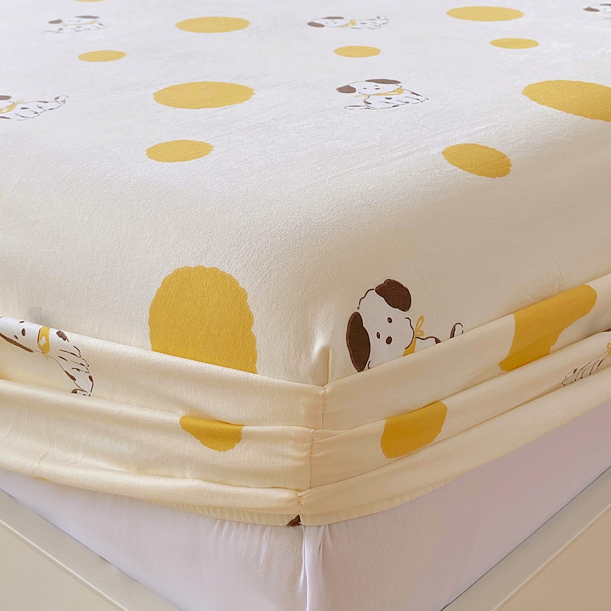 91家纺网 家纺一手货源 找家纺 悦织湾家纺 2026新款斜纹加厚水洗棉超细斜（加厚）床笠单床笠床笠单件-席梦思保护套 床笠-波点小狗