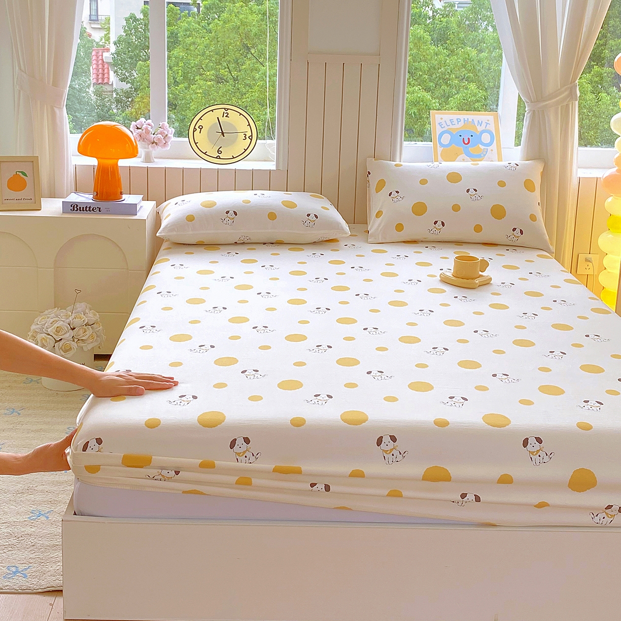 91家纺网 家纺一手货源 找家纺 悦织湾家纺 2026新款斜纹加厚水洗棉超细斜（加厚）床笠单床笠床笠单件-席梦思保护套 床笠-波点小狗