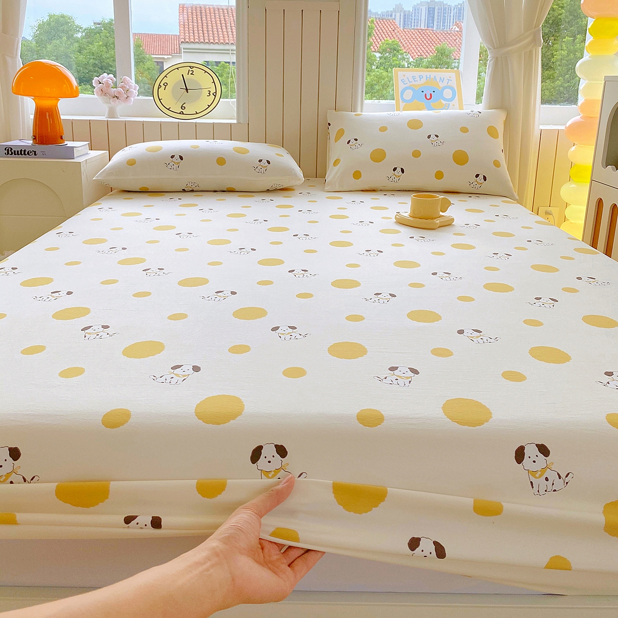 91家纺网 家纺一手货源 找家纺 悦织湾家纺 2026新款斜纹加厚水洗棉超细斜（加厚）床笠单床笠床笠单件-席梦思保护套 床笠-波点小狗