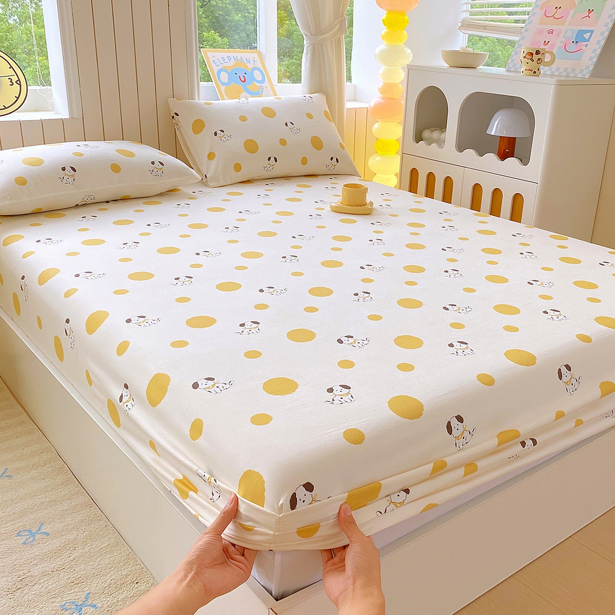 91家纺网 家纺一手货源 找家纺 悦织湾家纺 2026新款斜纹加厚水洗棉超细斜（加厚）床笠单床笠床笠单件-席梦思保护套 床笠-波点小狗