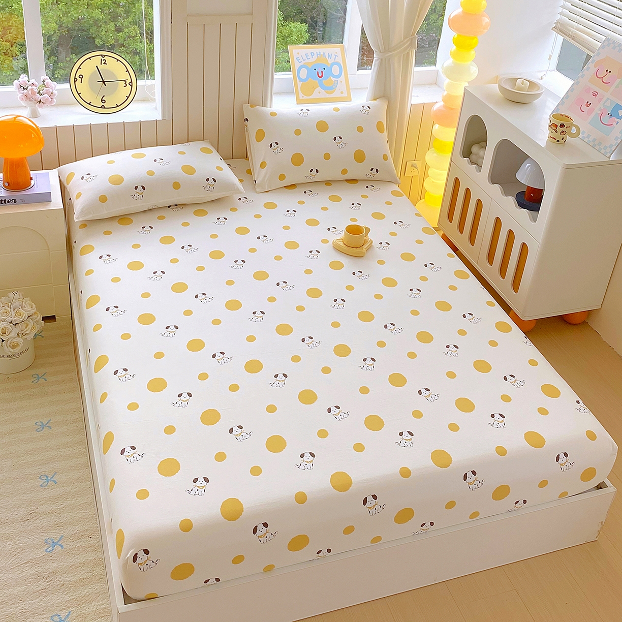 91家纺网 家纺一手货源 找家纺 悦织湾家纺 2026新款斜纹加厚水洗棉超细斜（加厚）床笠单床笠床笠单件-席梦思保护套 床笠-波点小狗