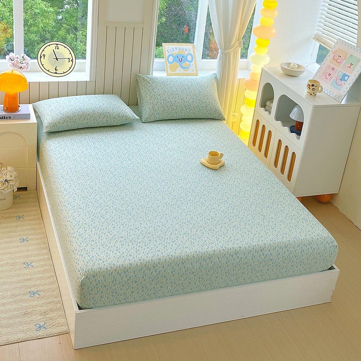 91家纺网 家纺一手货源 找家纺 悦织湾家纺 2026新款斜纹加厚水洗棉超细斜（加厚）床笠单床笠床笠单件-席梦思保护套 床笠-雏菊浅绿