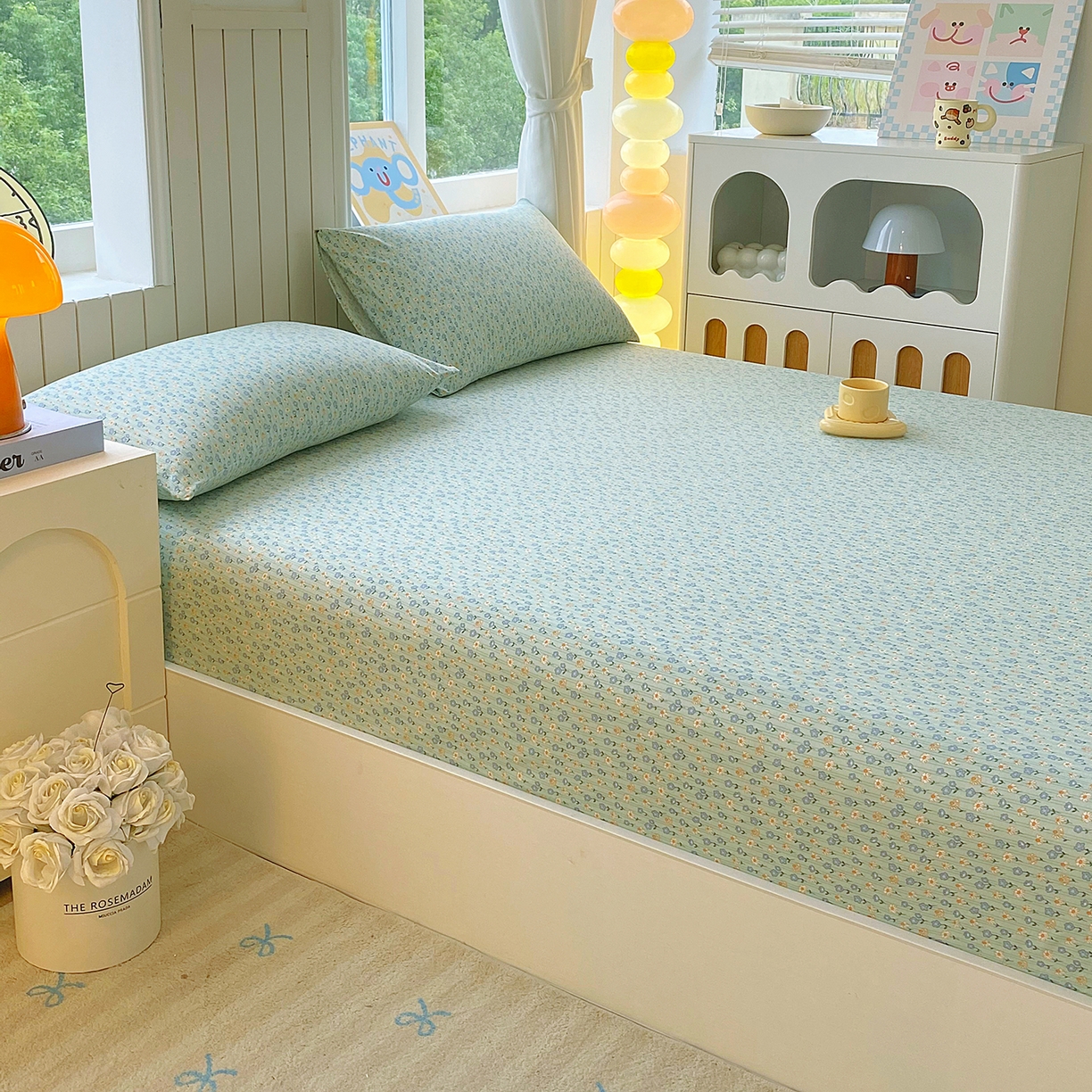 91家纺网 家纺一手货源 找家纺 悦织湾家纺 2026新款斜纹加厚水洗棉超细斜（加厚）床笠单床笠床笠单件-席梦思保护套 床笠-雏菊浅绿