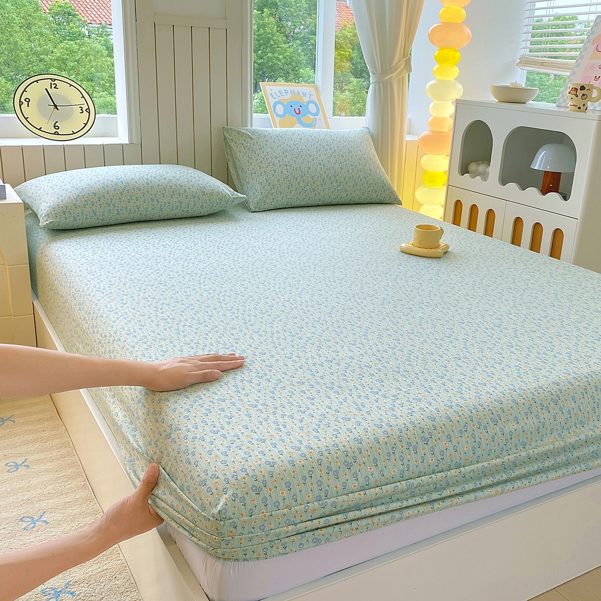 91家纺网 家纺一手货源 找家纺 悦织湾家纺 2026新款斜纹加厚水洗棉超细斜（加厚）床笠单床笠床笠单件-席梦思保护套 床笠-雏菊浅绿