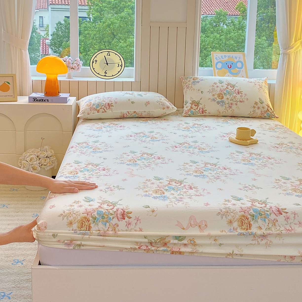 91家纺网 家纺一手货源 找家纺 悦织湾家纺 2026新款斜纹加厚水洗棉超细斜（加厚）床笠单床笠床笠单件-席梦思保护套 床笠-春和景明