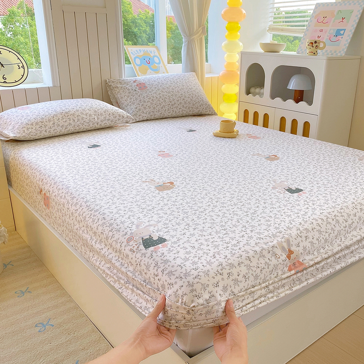 91家纺网 家纺一手货源 找家纺 悦织湾家纺 2026新款斜纹加厚水洗棉超细斜（加厚）床笠单床笠床笠单件-席梦思保护套 床笠-花园小兔