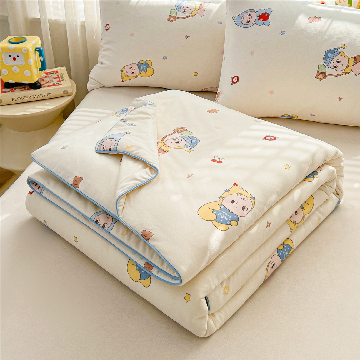 91家纺网 家纺一手货源 找家纺 优被业 2026新款A类牛奶丝针织棉软糯凉感大豆夏被空调被夏凉被(20%大豆国标包检测） 星星宝贝