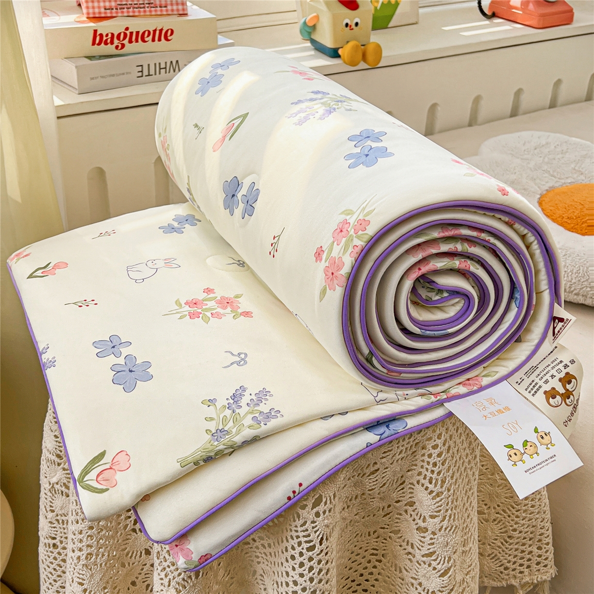 91家纺网 家纺一手货源 找家纺 优被业 2026新款A类牛奶丝针织棉软糯凉感大豆夏被空调被夏凉被(20%大豆国标包检测） 紫萱兔