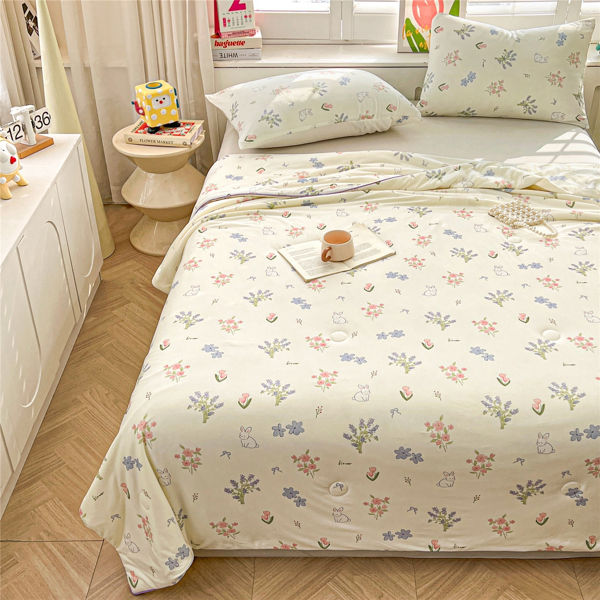 91家纺网 家纺一手货源 找家纺 优被业 2026新款A类牛奶丝针织棉软糯凉感大豆夏被空调被夏凉被(20%大豆国标包检测） 紫萱兔