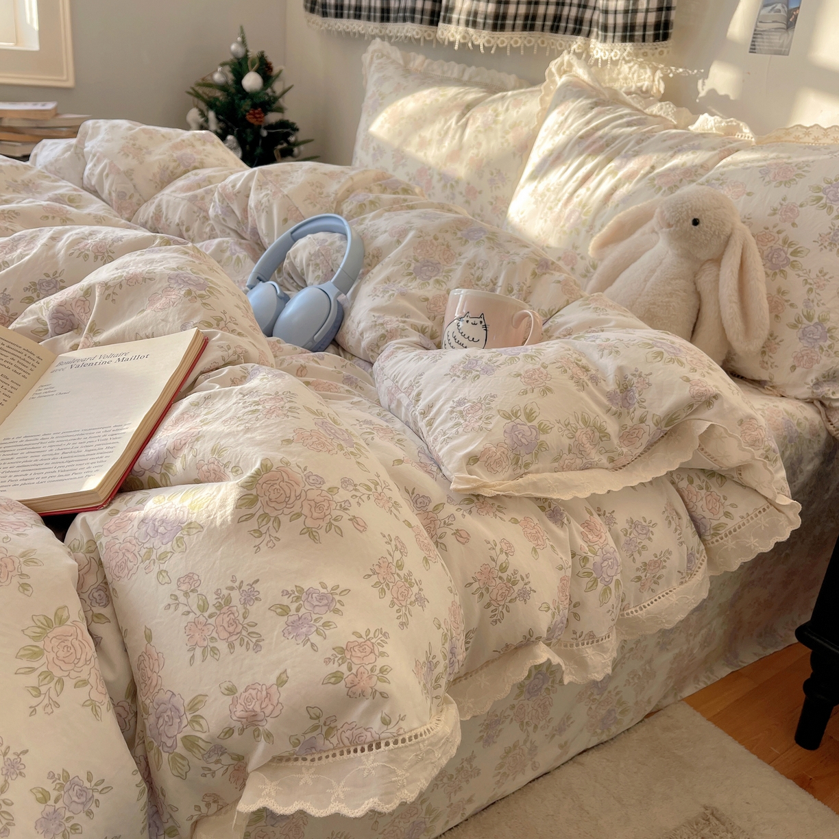 91家纺网 家纺一手货源 找家纺 悦织湾家纺 2026新款镂空花边碎花款四件套印花学生宿舍床上用品三4件套单品被套枕套 瑶光