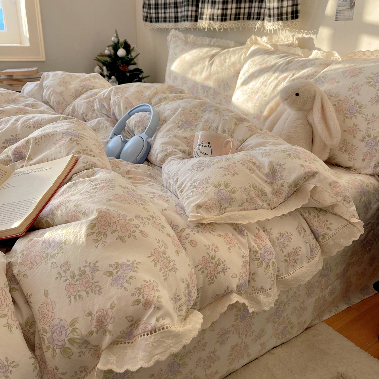 91家纺网 家纺一手货源 找家纺 悦织湾家纺 2026新款镂空花边碎花款四件套印花学生宿舍床上用品三4件套单品被套枕套 瑶光