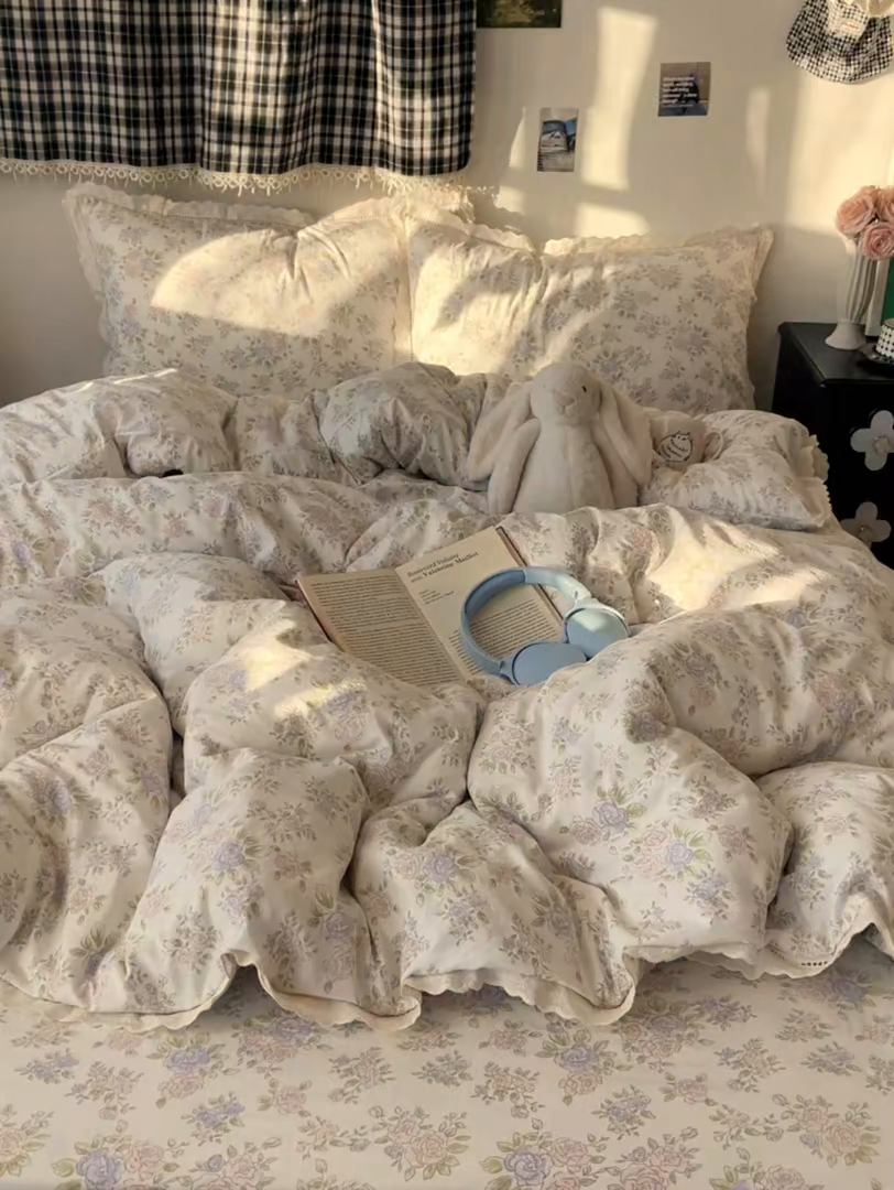 91家纺网 家纺一手货源 找家纺 悦织湾家纺 2026新款镂空花边碎花款四件套印花学生宿舍床上用品三4件套单品被套枕套 瑶光